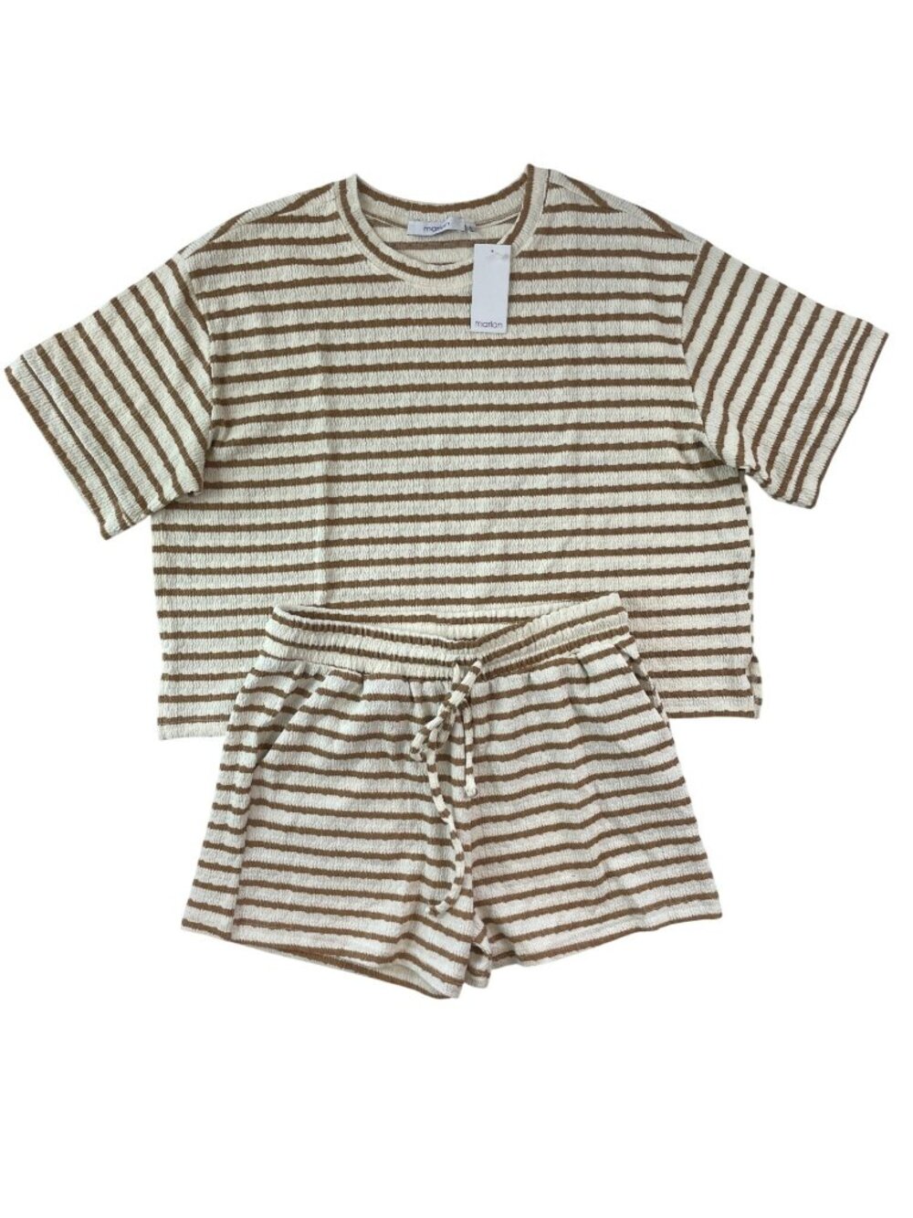 Marion 2-PIECE-SET Brown White Textured Top & Shorts Lounge Set Wmn's Size L NWT - Picture 1 of 12